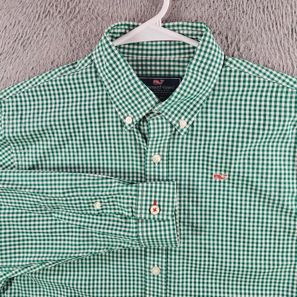 Vineyard Vines Whale Shirt Boys XL Green Gingham Check Button Down Long Sleeve