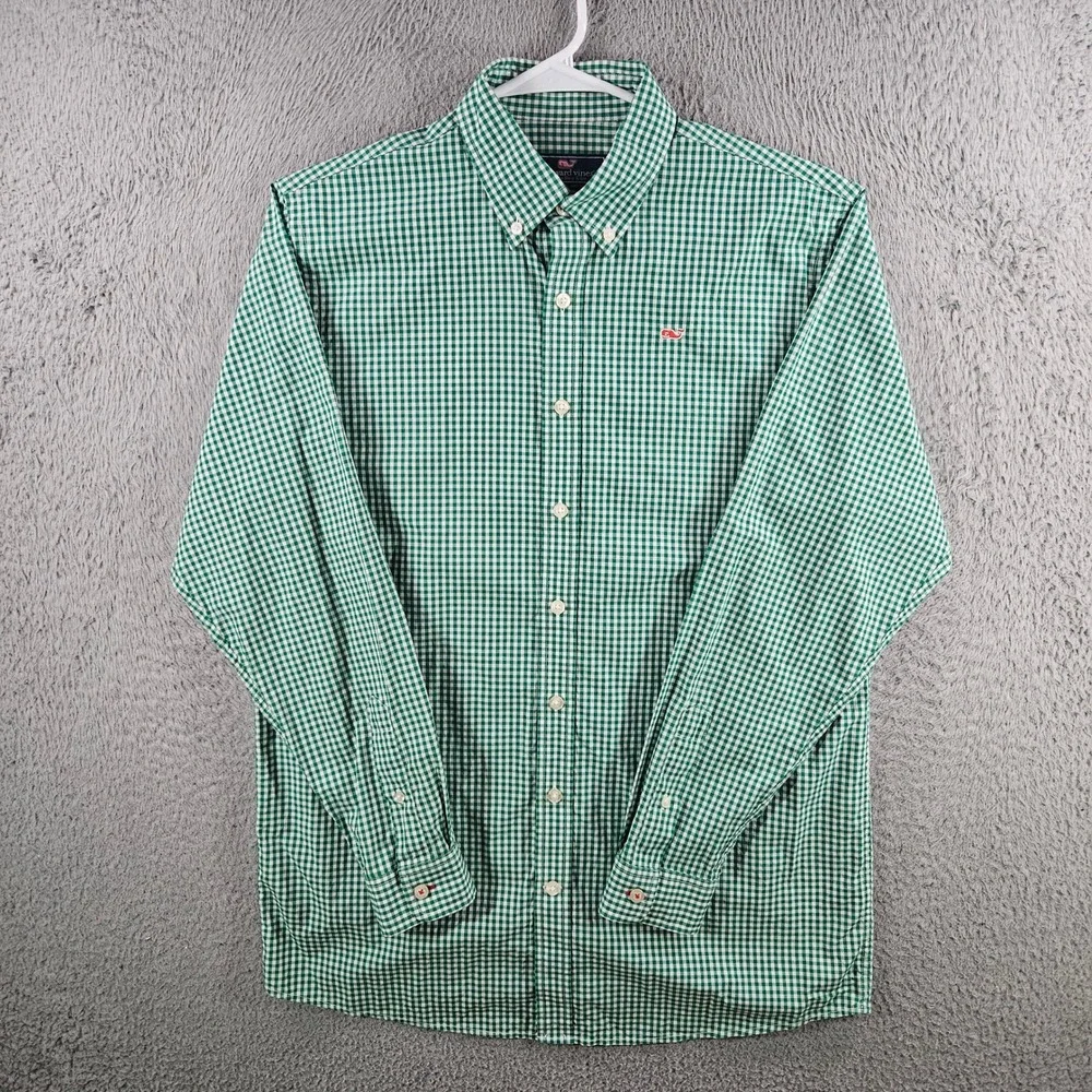Vineyard Vines Whale Shirt Boys XL Green Gingham Check Button Down Long Sleeve