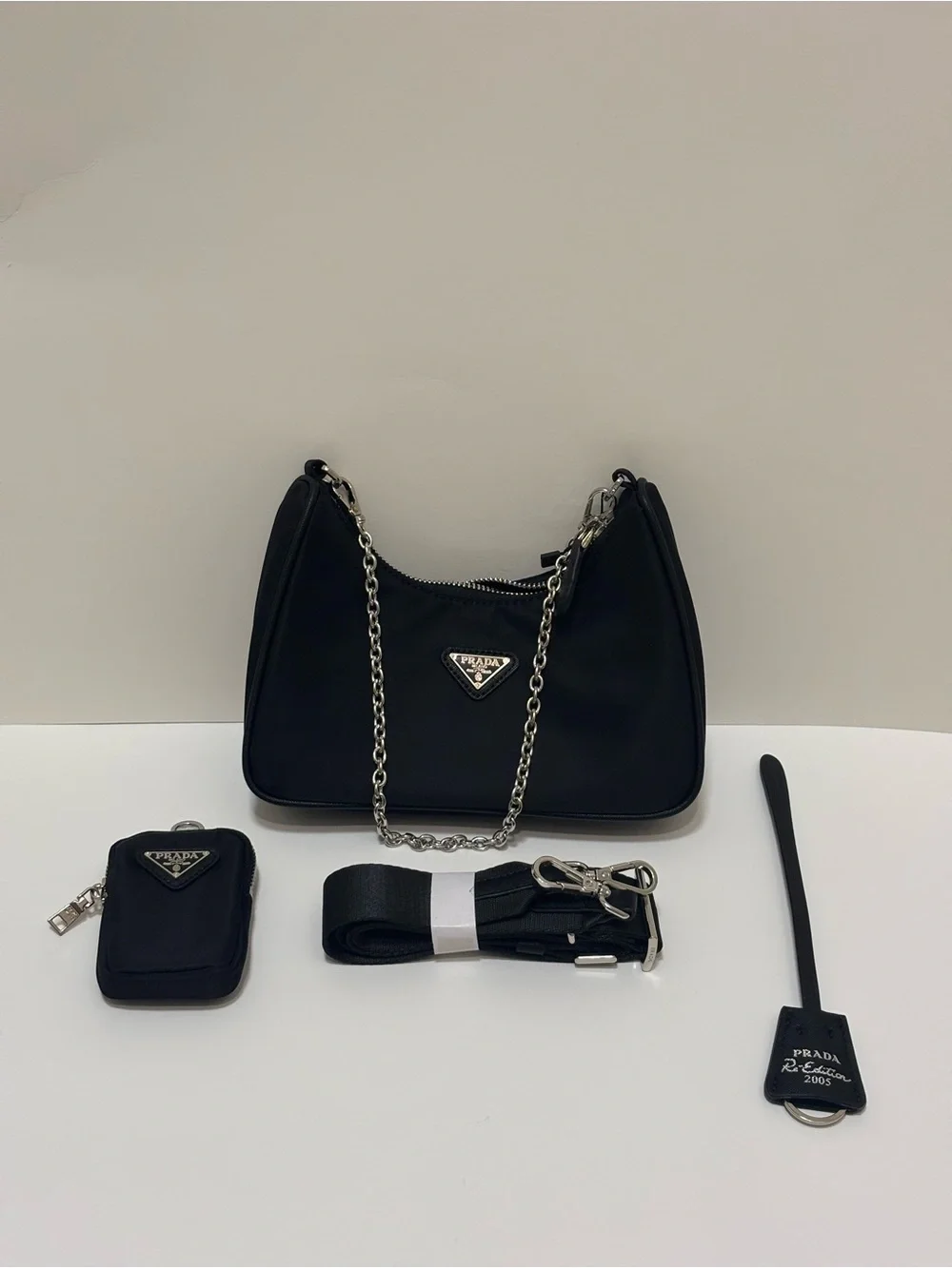Prada Black Nylon Re-Edition Chain Shoulder Bag with Accessories