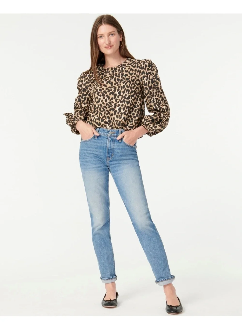 J Crew Woman's Leopard Print Ruffle Puff Long Sleeve Blouse Size M Preppy AS011