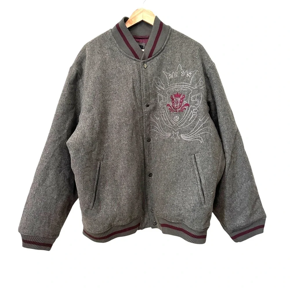 SEAN JOHN‎ Vintage Mens Grey Varsity Bomber Jacket Embroidery Snap Pockets XL