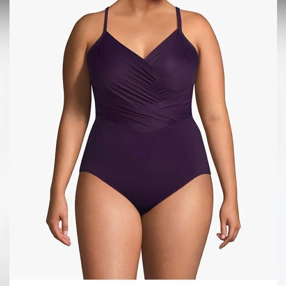 Land's EndX Back Pleated One Piece Swimsuit Various Soft Cup BlackBerry Various