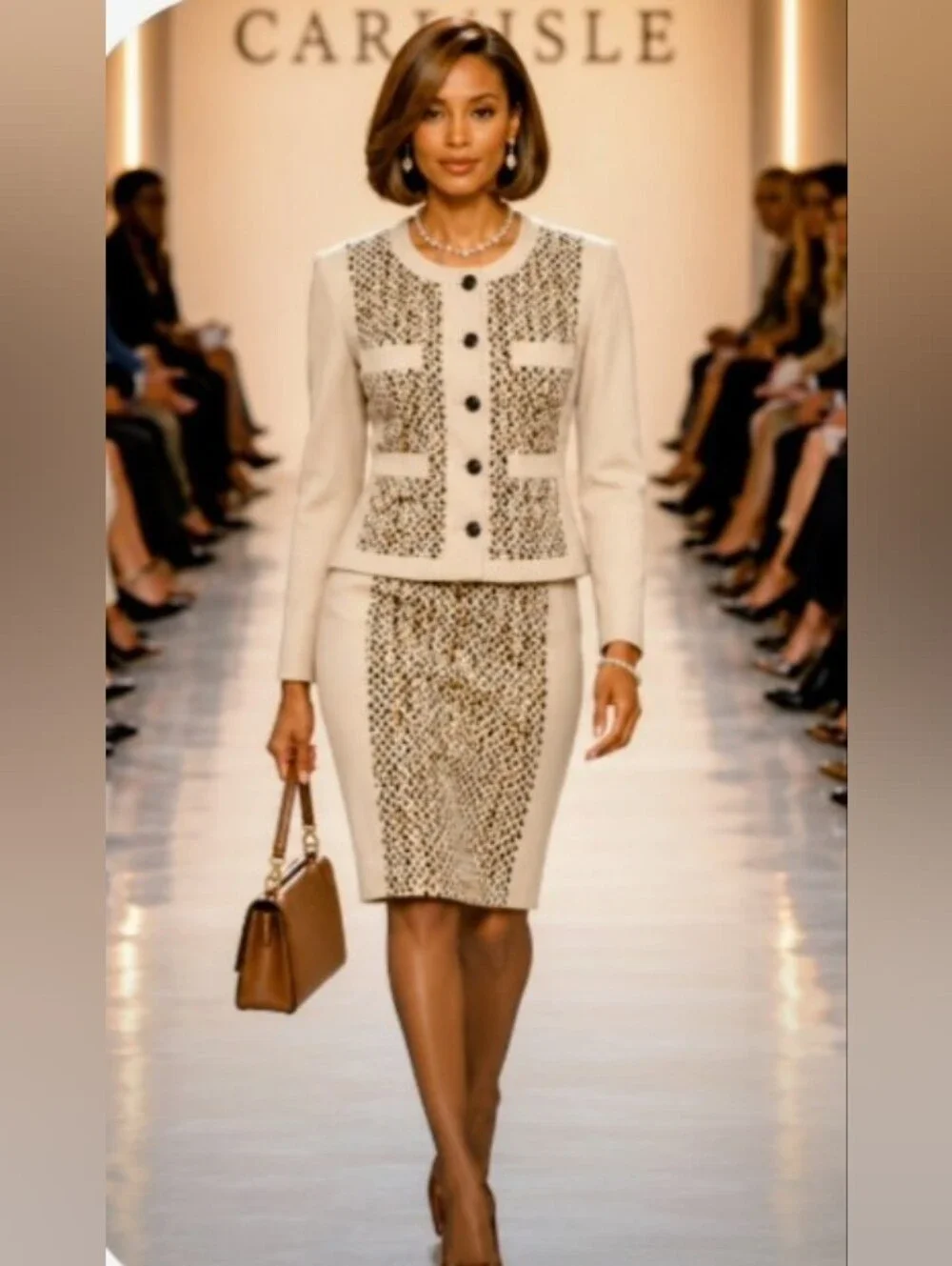 Carlisle 8 M Cream Tan Brown Boucle Wool Alpaca Mohair Nylon Skirt Suit Current