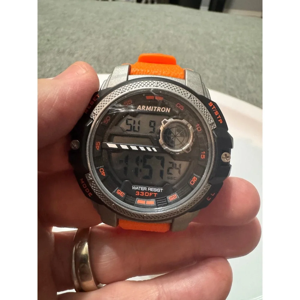 Armitron Pro Sport Digital Watch Orange‎ Band 330ft Water Resistant Chrono Timer
