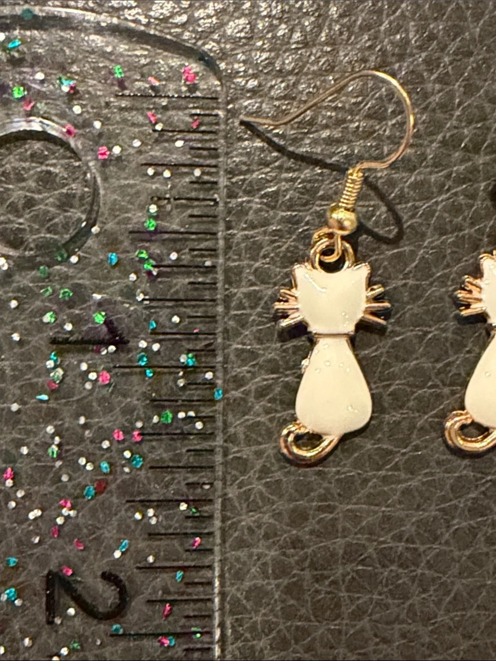 White Enamel Cat Drop Earrings - Gold Tone Accent