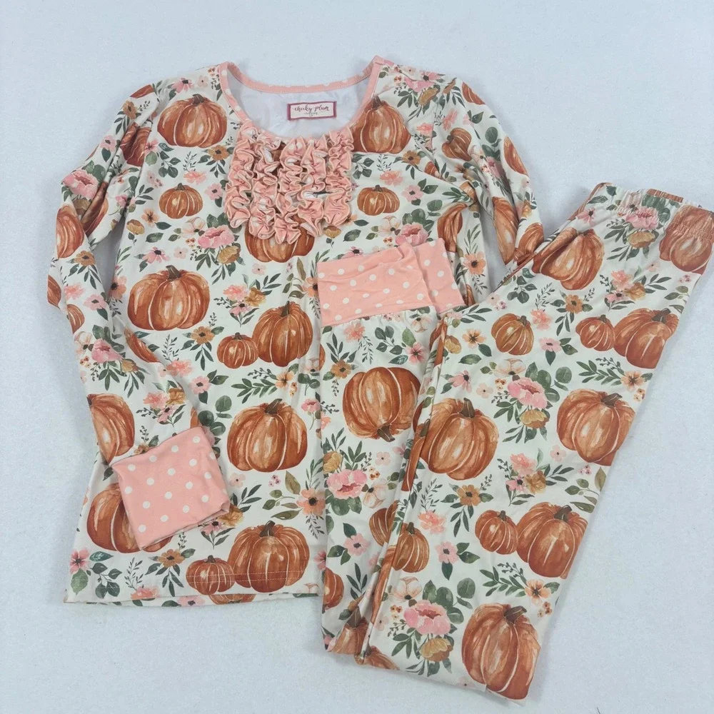 Cheeky Plum Girls Pumpkin Floral Ruffle‎ Pajama Set Pink Polka Dot 12Y Autumn