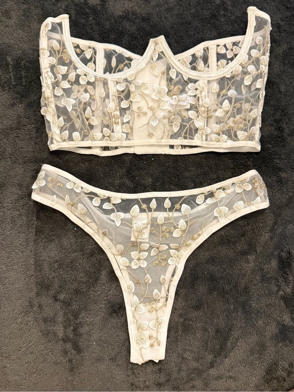 Sheer Embroidered Lace Bralette & Thong Set - Cream/Gold