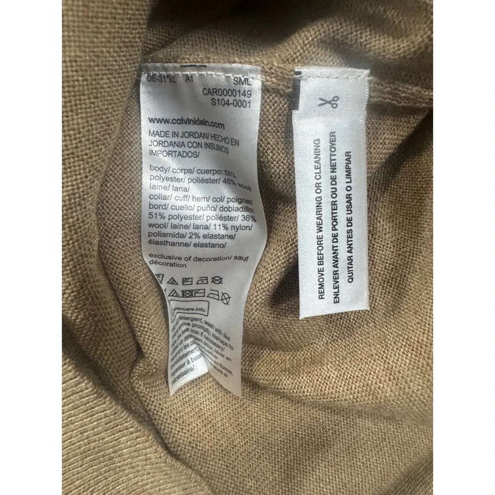 Calvin Klein Mens Merino Wool Blend Crewneck Sweater Camel Tan L S104-0001 NWT