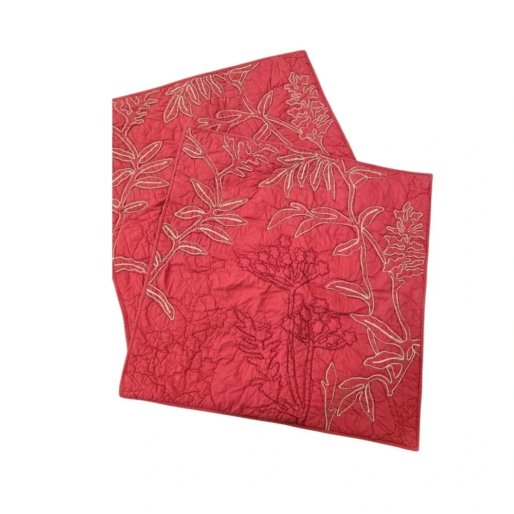 2‎ Pottery Barn Euro Pillow Shams Covers Red Quilted Floral Crewel Leaf Cotton
