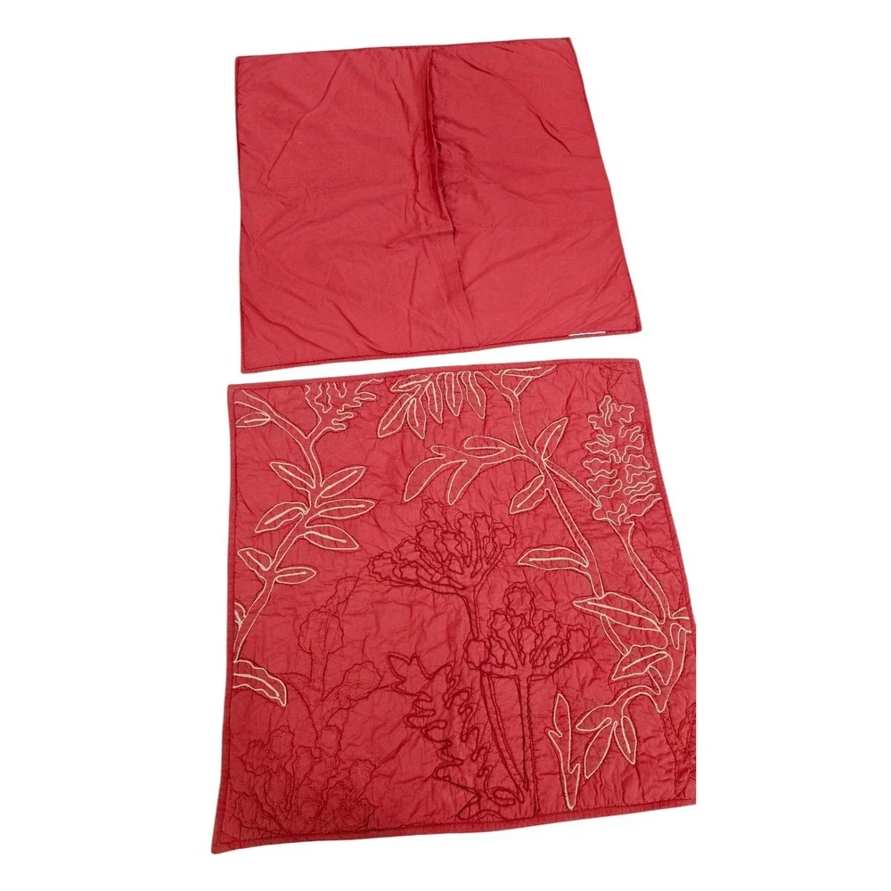 2‎ Pottery Barn Euro Pillow Shams Covers Red Quilted Floral Crewel Leaf Cotton