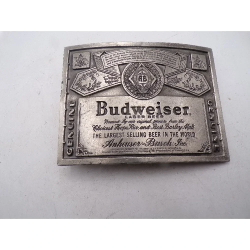 Vintage Budweiser Anheuser Busch Belt Buckle Silver Pewter Tone Lager Beer Label