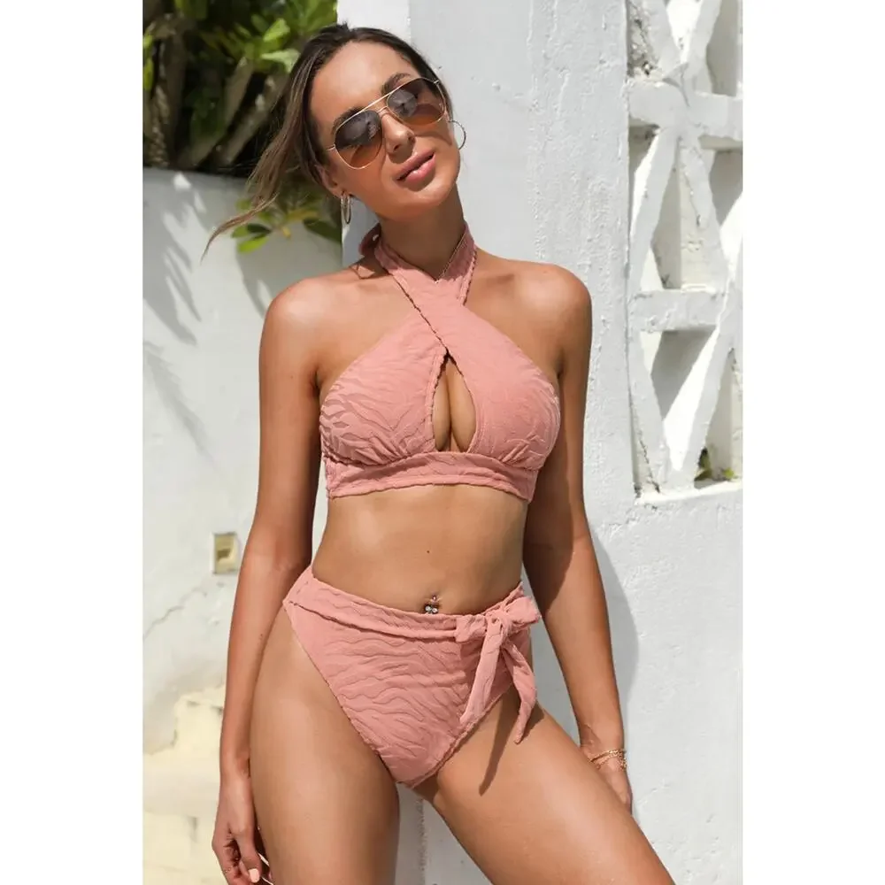 Cupshe Women’s Large Beachcomber Cross Halter Bikini Swimsuit Mauve Textured NEW