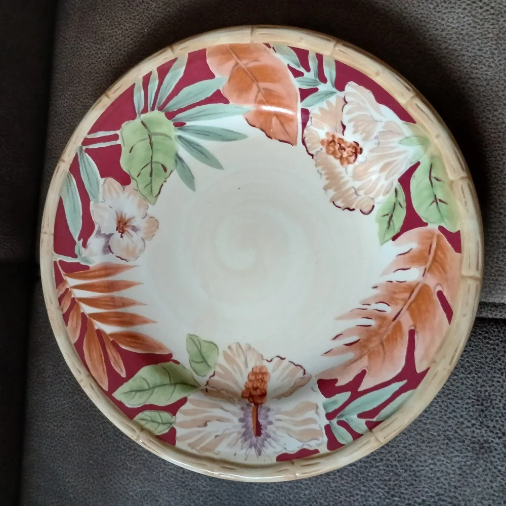 Home Trends Hibiscus And Bamboo Dinner Plate Burgundy, Cream And Green