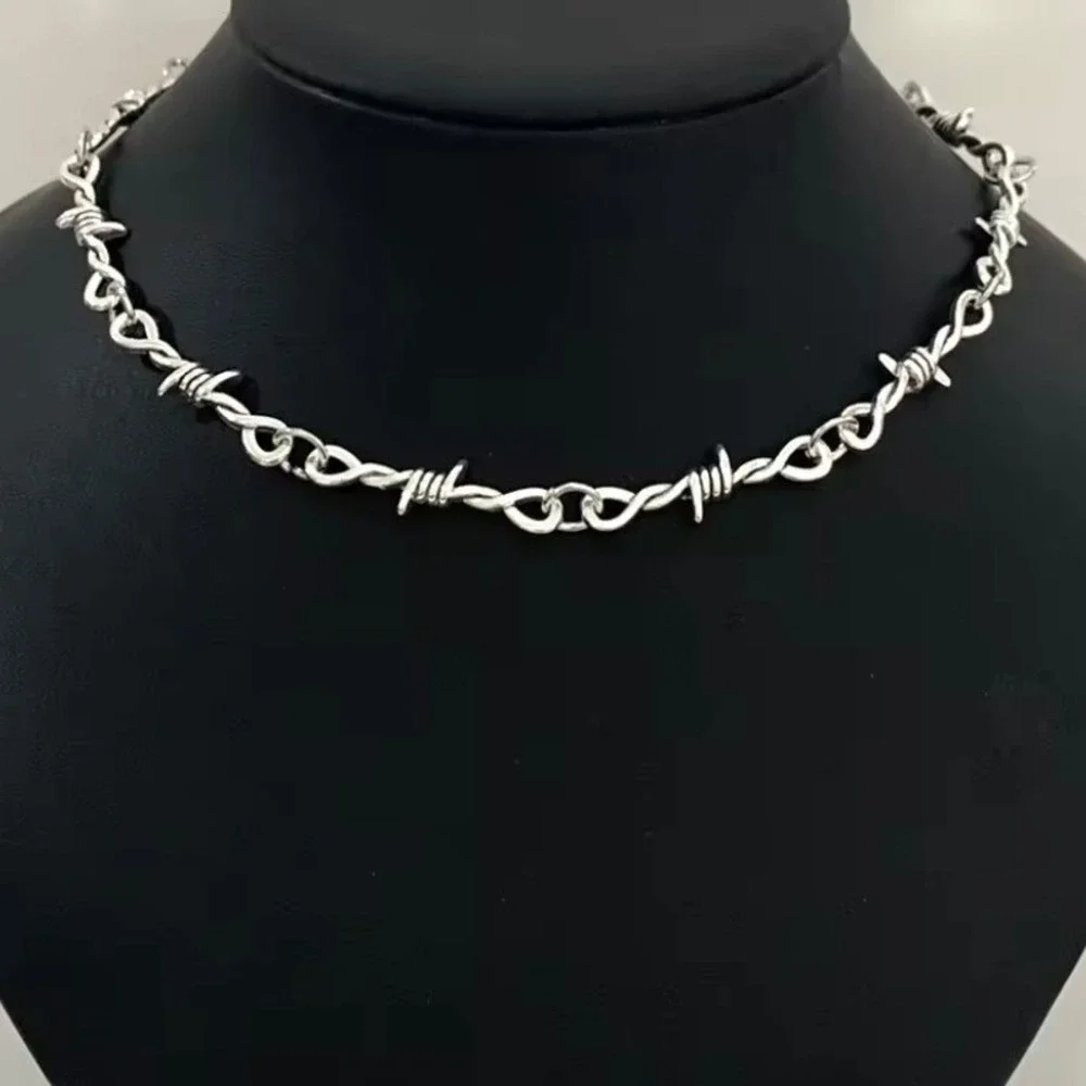 Barbed Wire Necklace Halloween Silver Tone Edgy Punk Gothic Statement 19.5in New