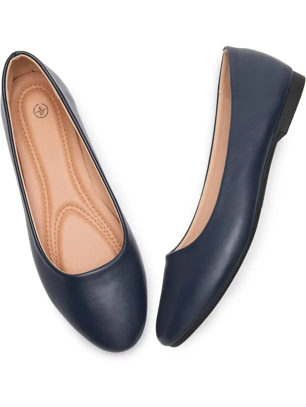Women's Navy PU Leather Comfortable Ballet Flats Slip on Round Toe Casual Shoes