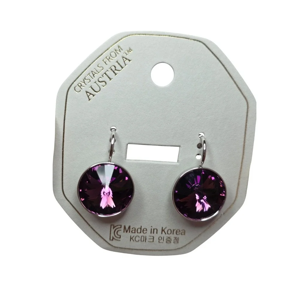 NEW CrystalsAustria Dark PurpleAmethyst 15mm Round LeverbackEarrings PlatinumPl