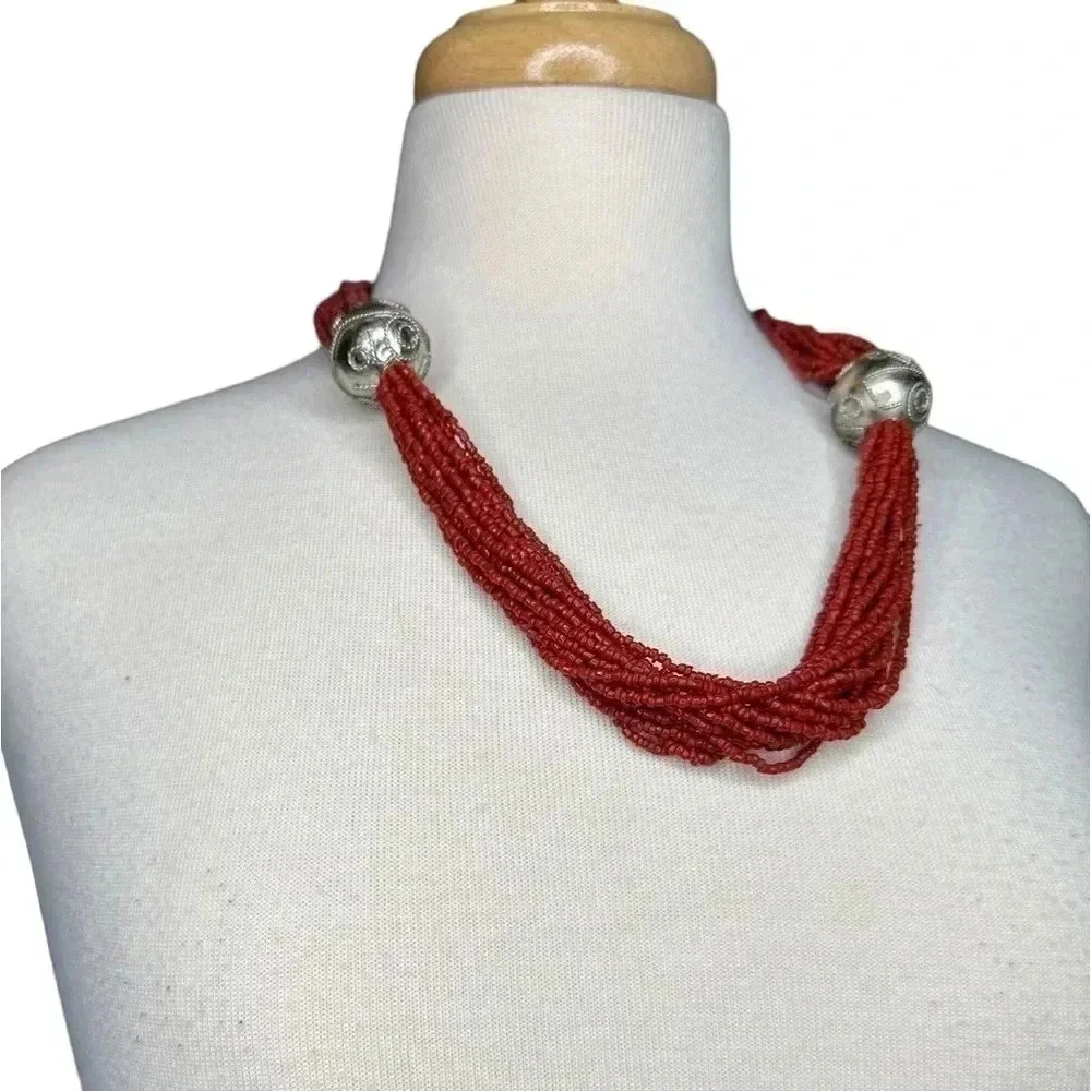 Coral beads beaded necklace red silver unique bulky layered women’s jewelry