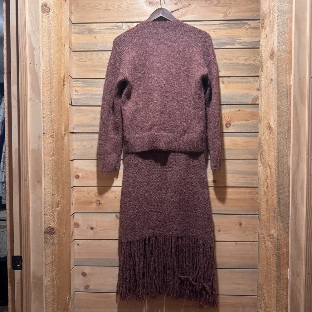 Vintage Peruvian Trading Mauve‎ Knit Sweater & Fringe Skirt Boho Hippie Festival