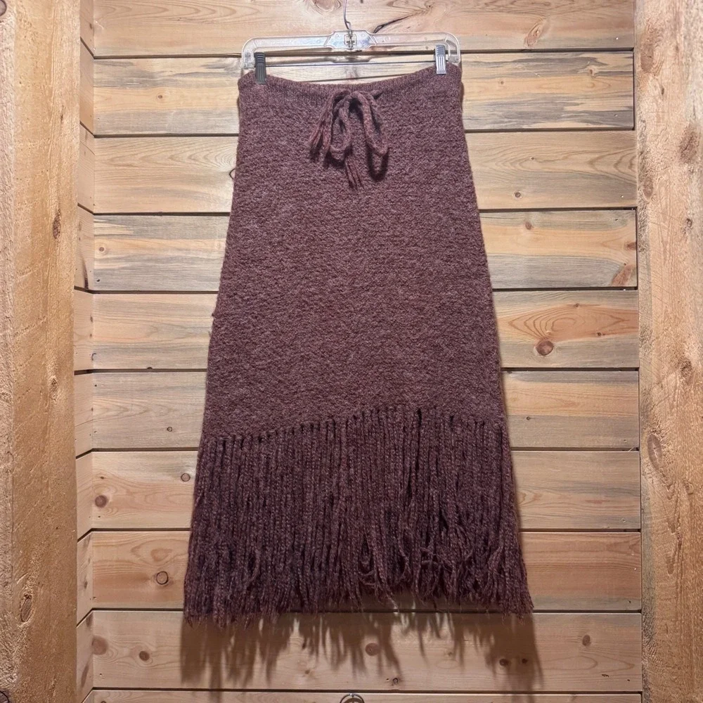 Vintage Peruvian Trading Mauve‎ Knit Sweater & Fringe Skirt Boho Hippie Festival