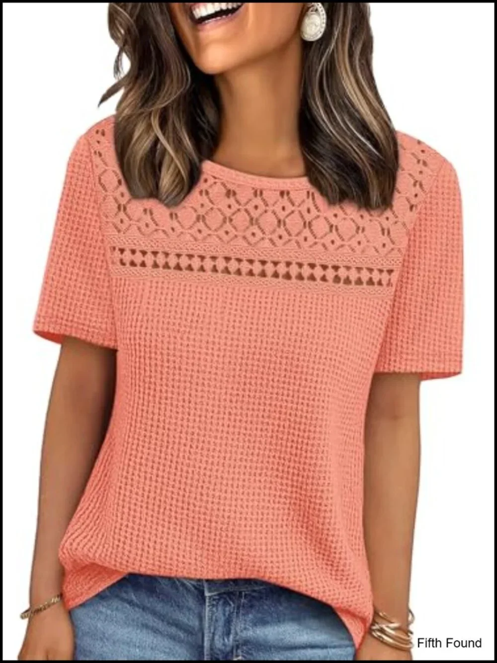 Dressy Casual Short Sleeve Blouse with Crochet Lace Waffle Knit