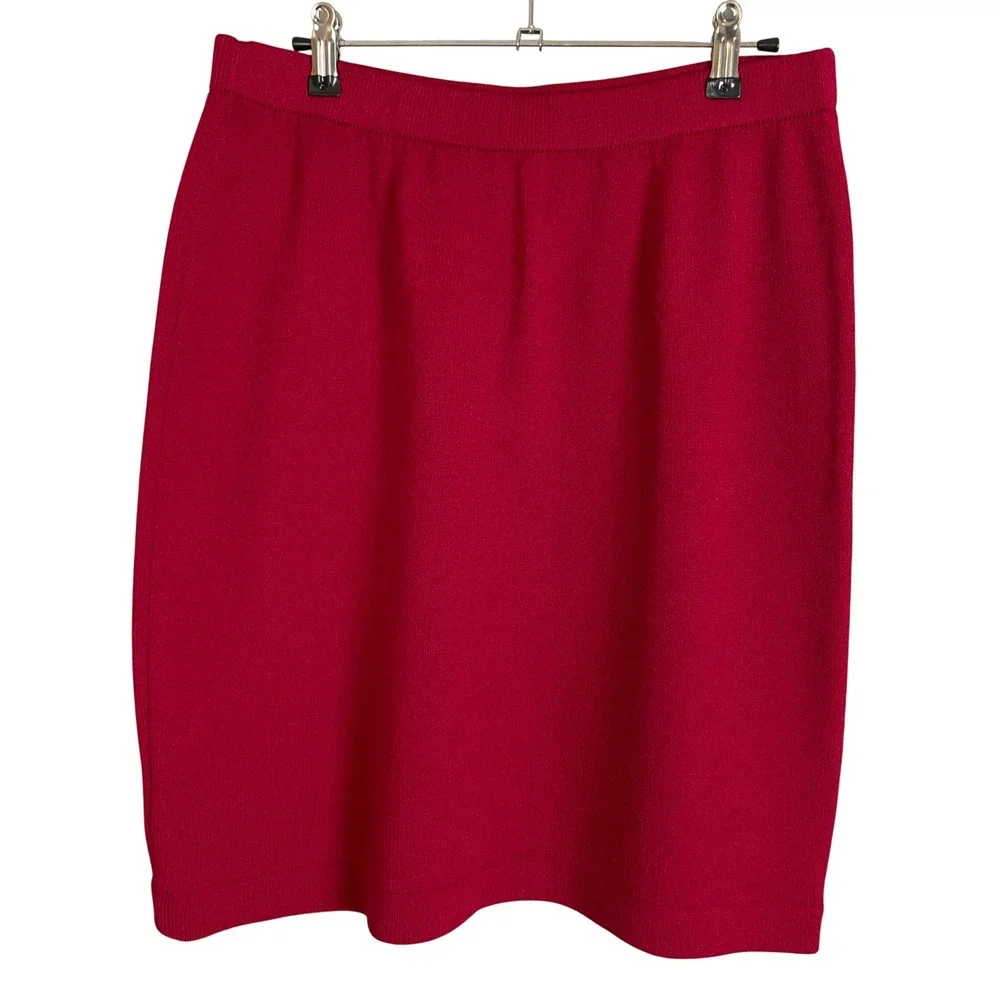 St John Collection Marie Gray Pencil Skirt Red Santana Knit Elastic Waist Sz 14