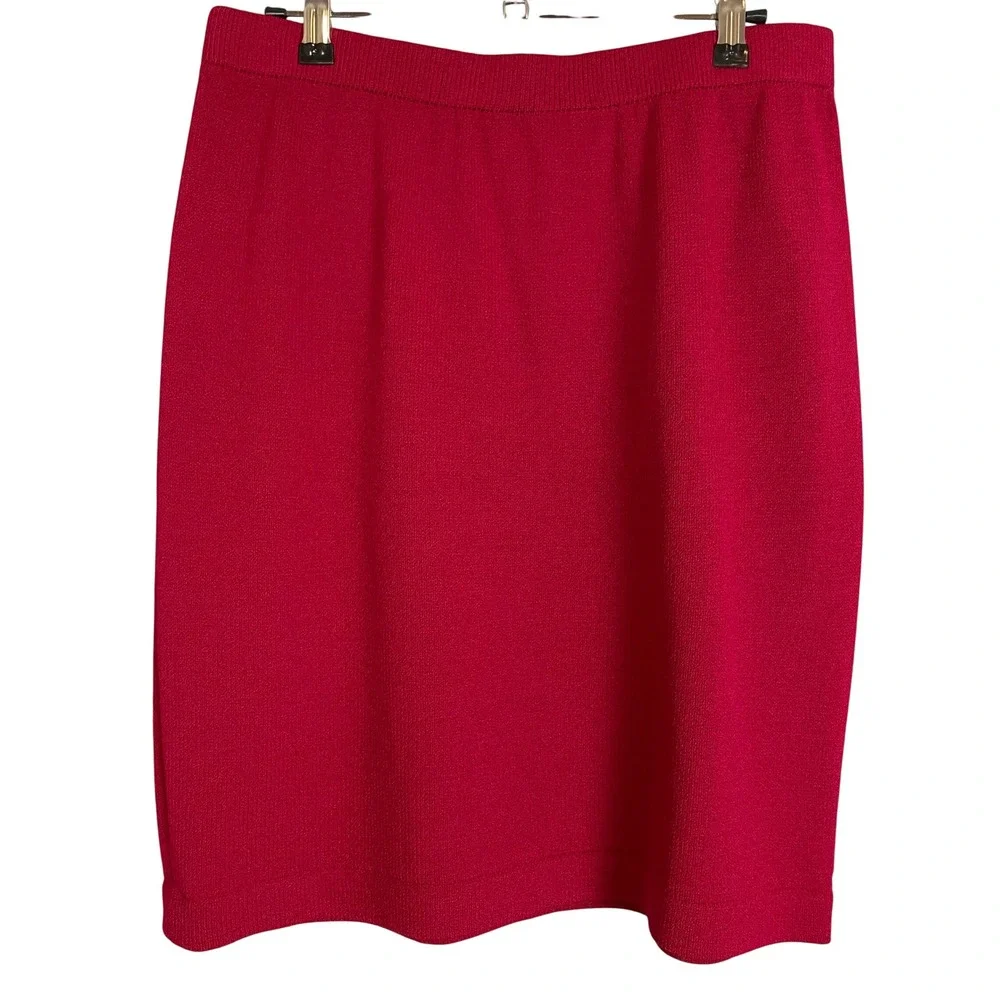 St John Collection Marie Gray Pencil Skirt Red Santana Knit Elastic Waist Sz 14