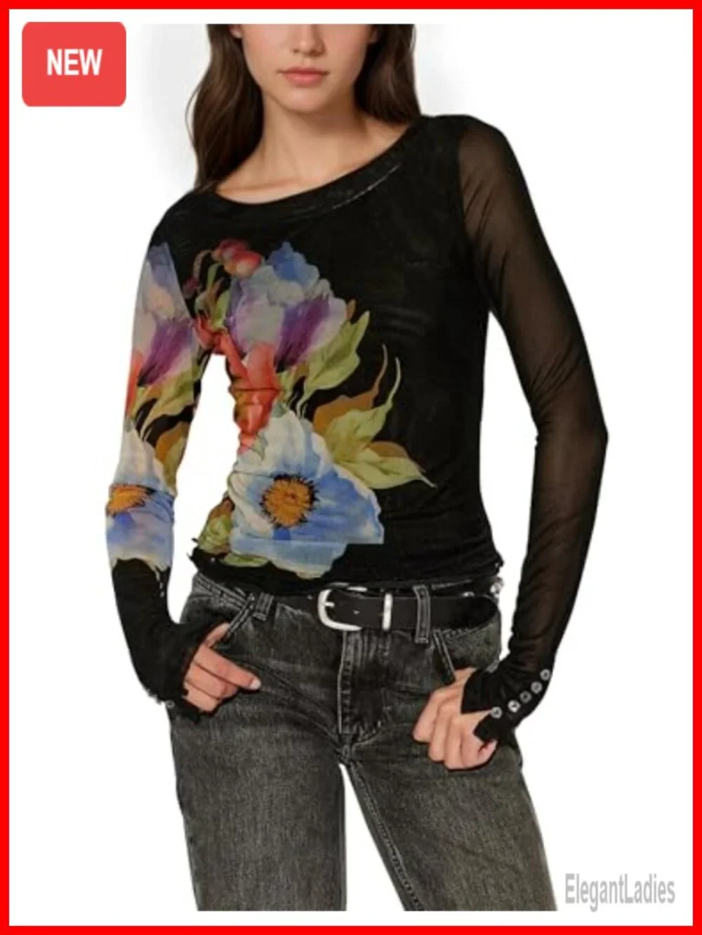 Floral Mesh Long Sleeve Crew Neck Slim Fit Going Out Top Blouse