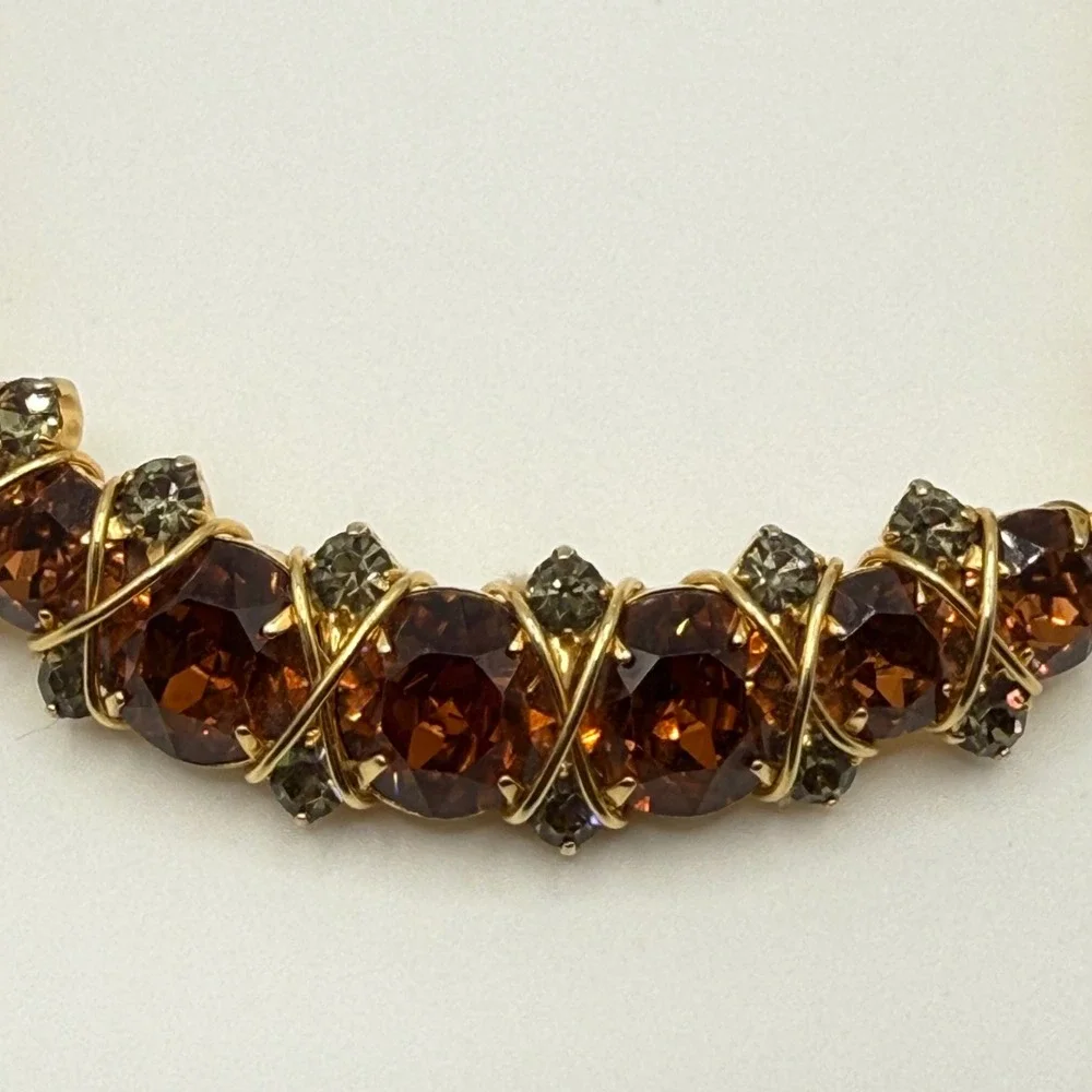 Hattie Carnegie Vintage Orange Smokey Gray Rhinestone Gold‎ Tone Collar Necklace