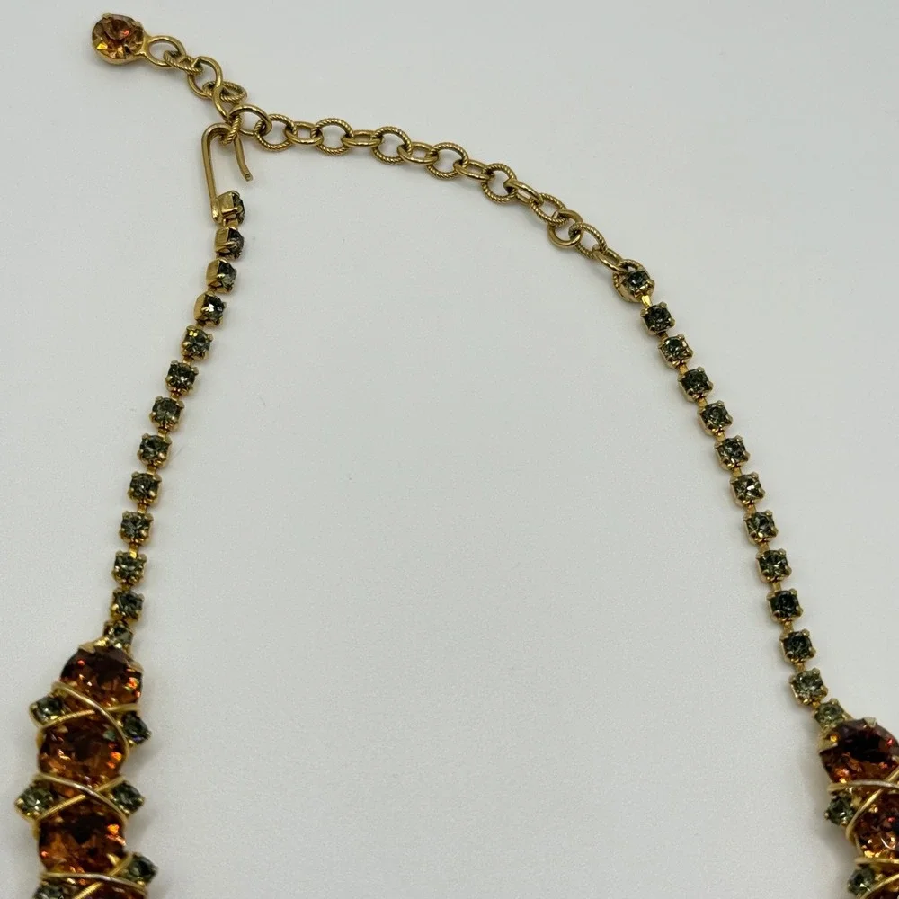 Hattie Carnegie Vintage Orange Smokey Gray Rhinestone Gold‎ Tone Collar Necklace