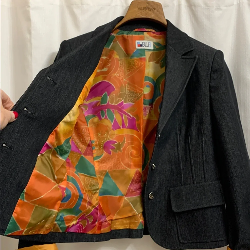 Vintage Black Denim Tailored Structured Blazer Jacket with Colorful Lining