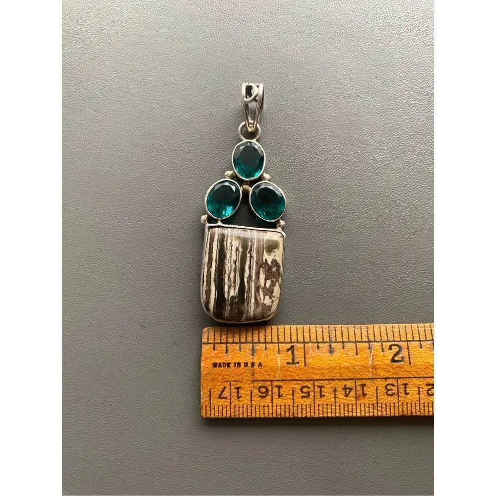 Sterling silver 925 zebra jasper and green CZ pendant necklace