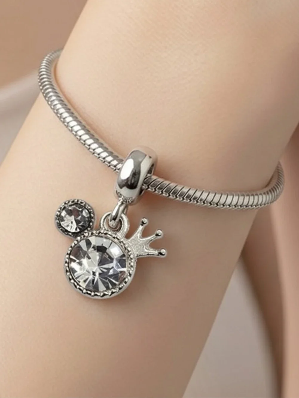 Royal Mouse Ear CZ Dangle Charm Silver European Disney inspired Bracelet Bead