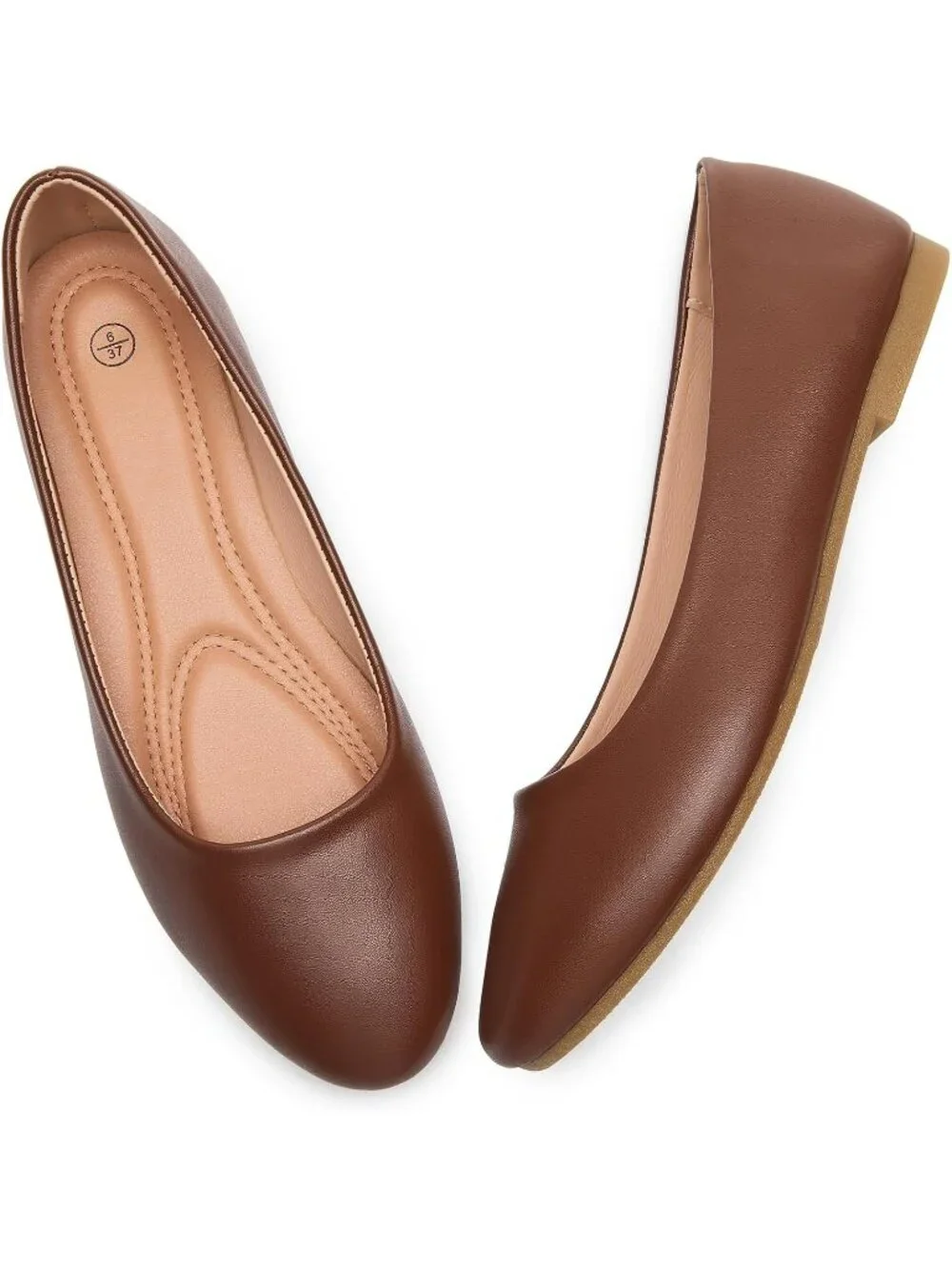 Women's Brown PU Leather Comfortable Ballet Flats Slip on Round Toe Casual Shoes