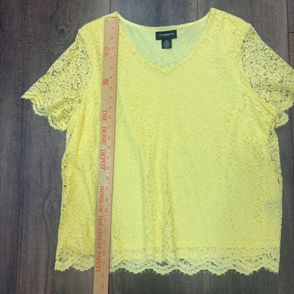 Liz Claiborne 2Pc Butter Yellow Lace‎ Top & Skirt XL Stretch Career Spring