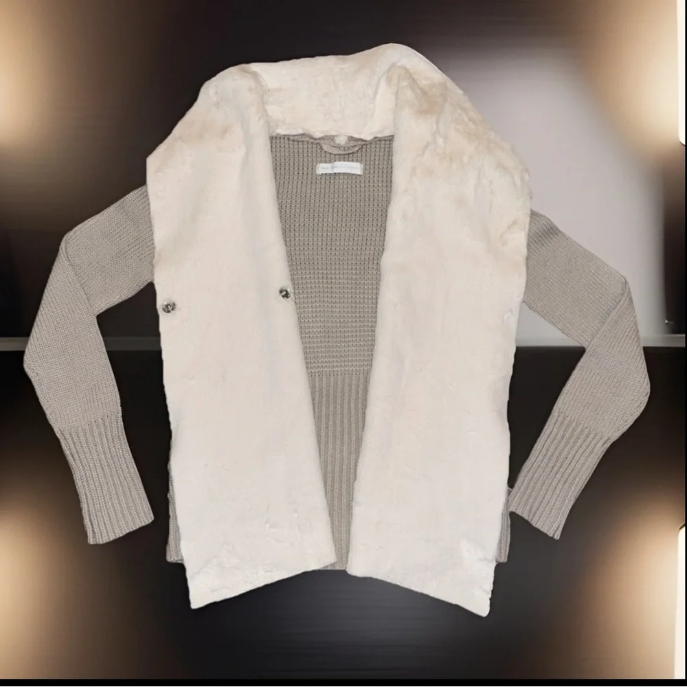 New York & Company Brown Leather & Knit Sweater Cardigan W/A Button & Pockets