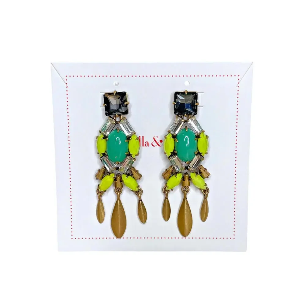 Stella & Dot‎ Jardin Chandeliers Statement Earrings Green Neon Yellow Rhinestone