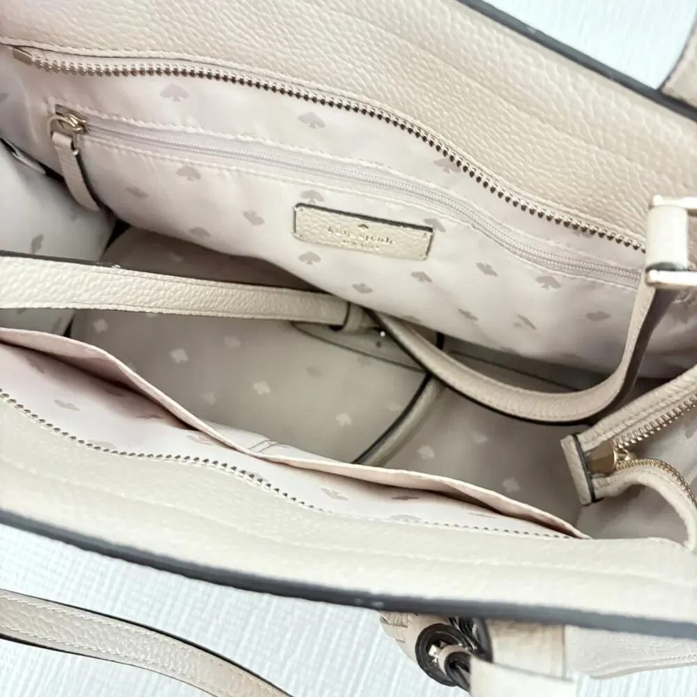 Kate Spade New York Pebbled Leather Tassel Tote Bag Beige Neutral Work Satchel