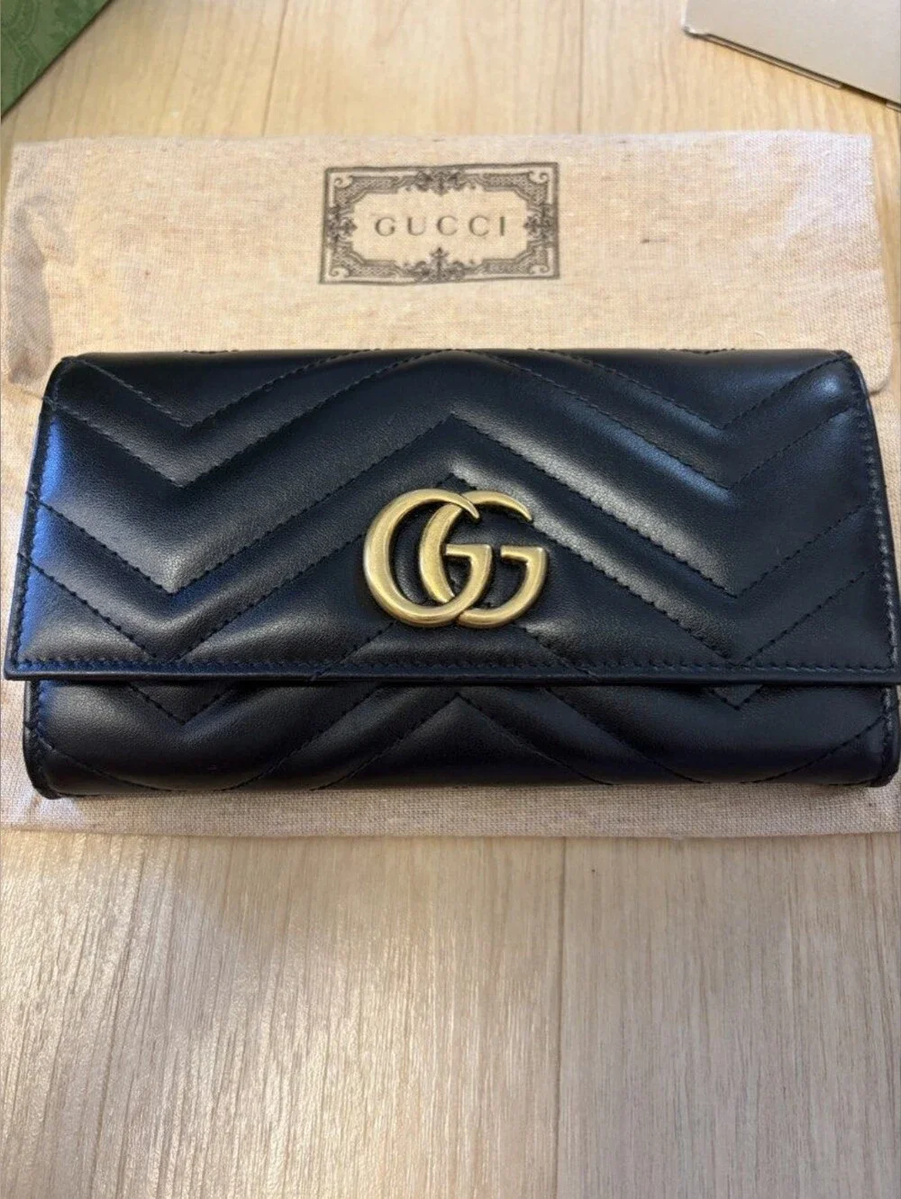 Gucci Black Chevron Quilted Leather Continental Wallet with Gold GG Logo