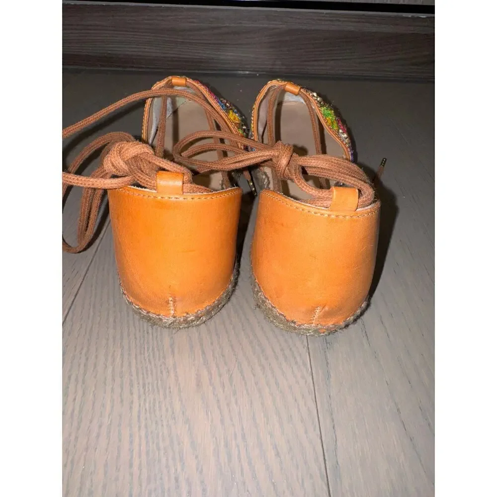 Gaimo Colorful Paisley Embroidered Espadrille Strappy Ankle Tie Sandals Size 38