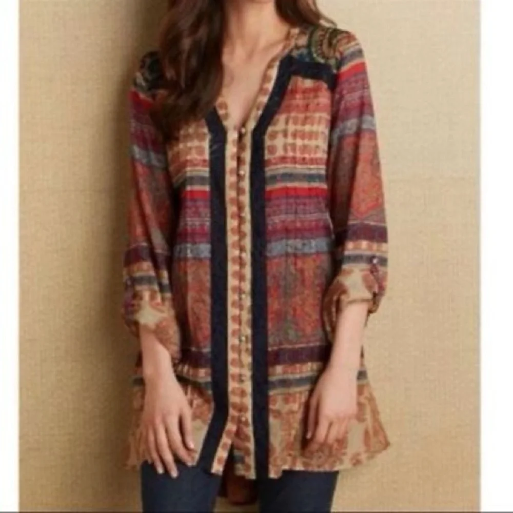 Soft Surroundings Aleyna Tunic Top Boho Button Down Large