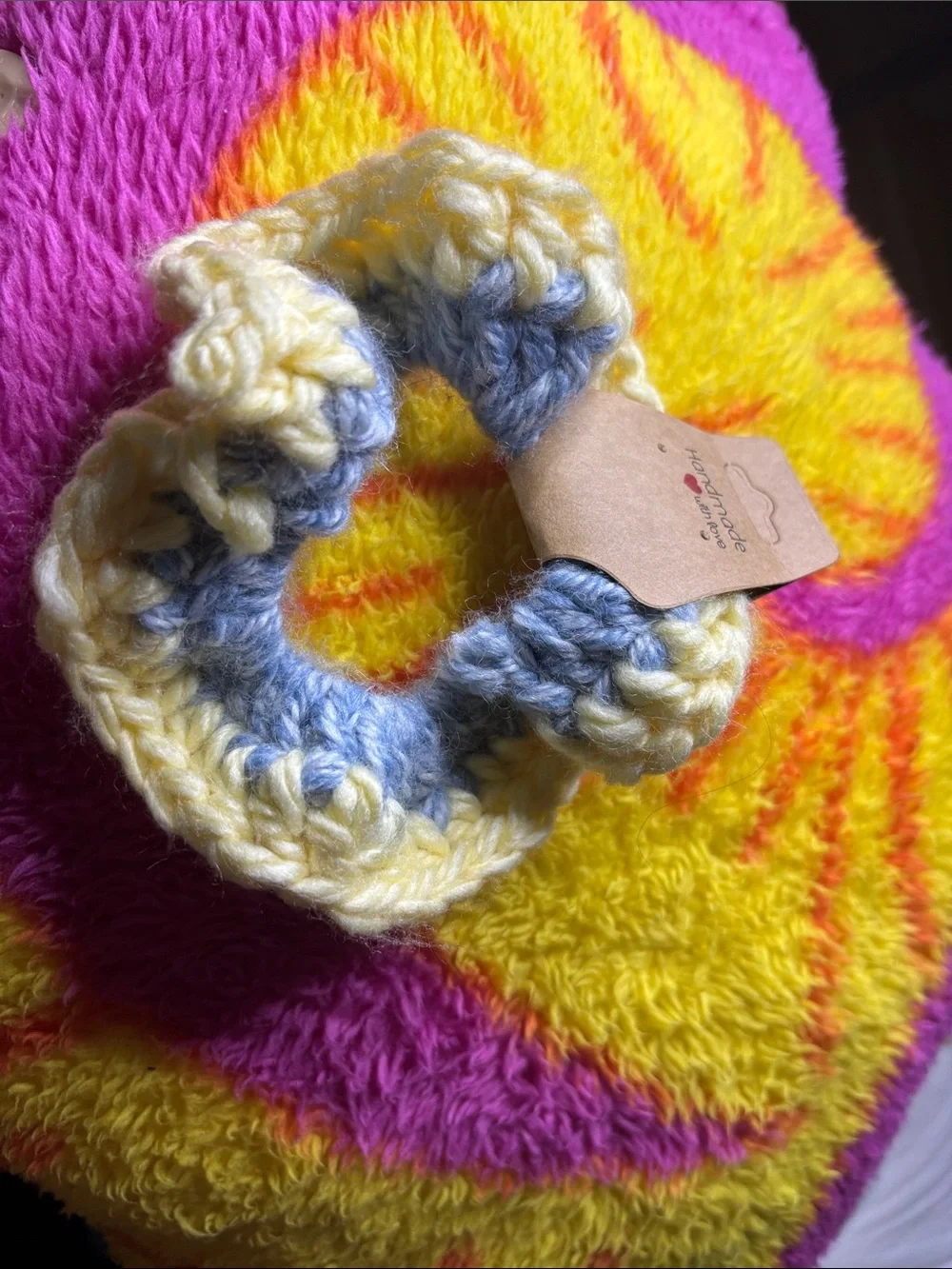 Handmade Crochet Scrunchie in Yellow and Light Blue