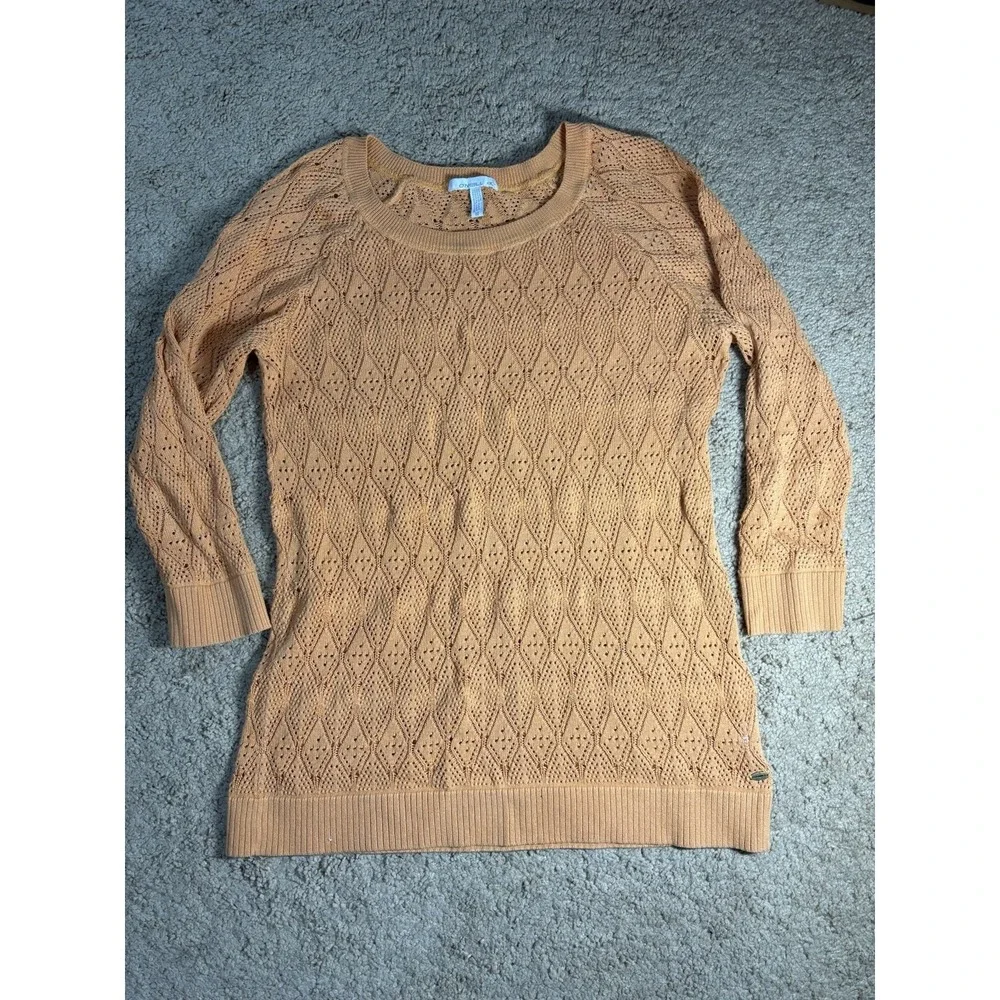 O'Neill Pointelle Knit Sweater Women‎ Medium Orange Scoop Neckline Beach