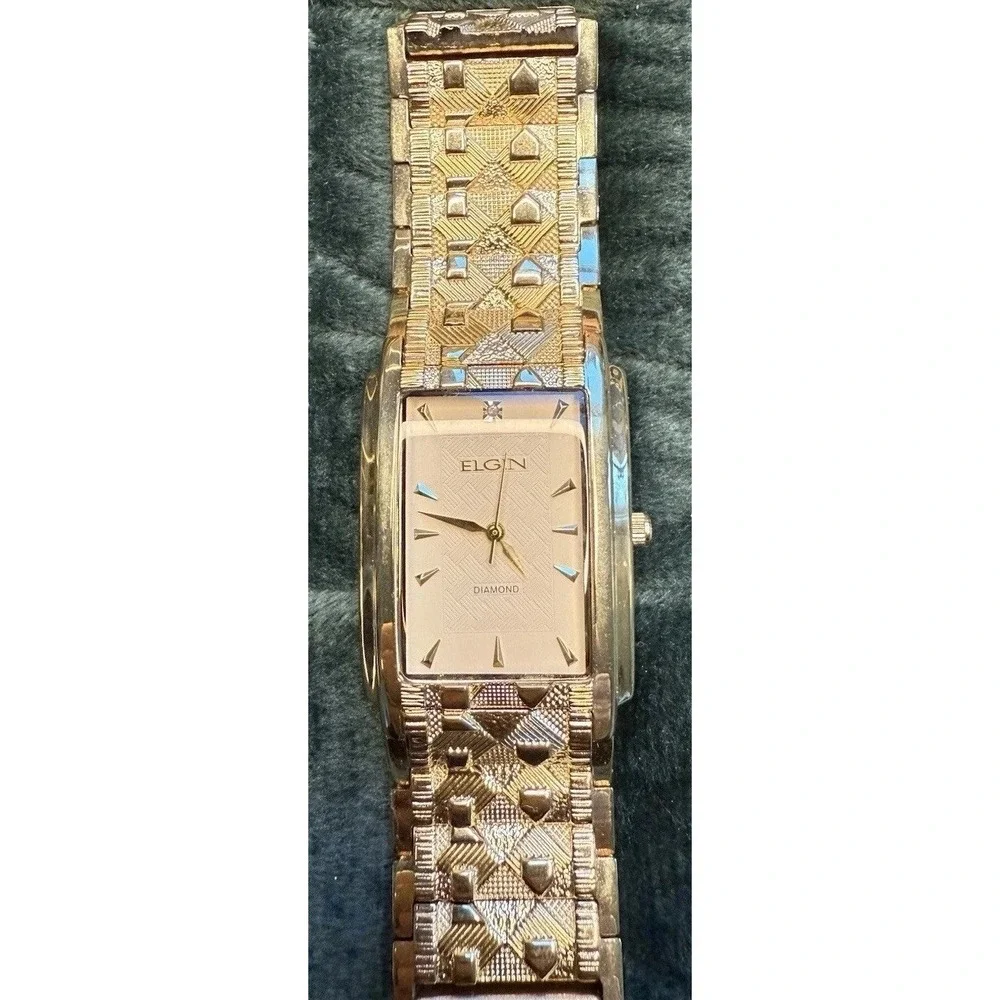 ELGIN Watch Diamond cut Band Stunning Gold Tone watch Tank  men's