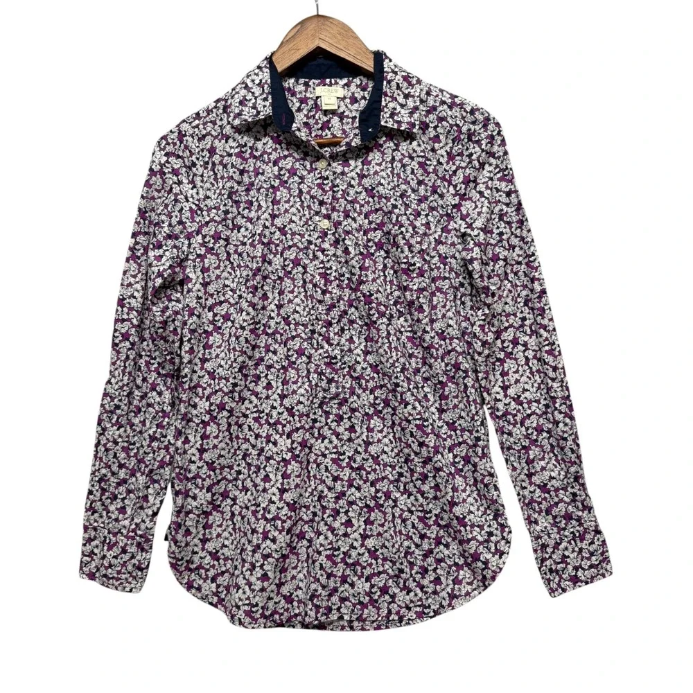 J.Crew Button Up Women XS Purple Floral Cotton Long Sleeve Cottagecore Feminine‎