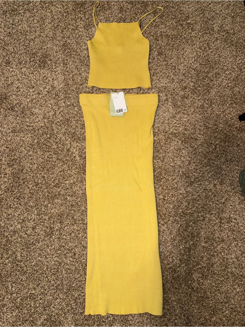 H&M Yellow Ribbed Midi Skirt with Matching Crop Top