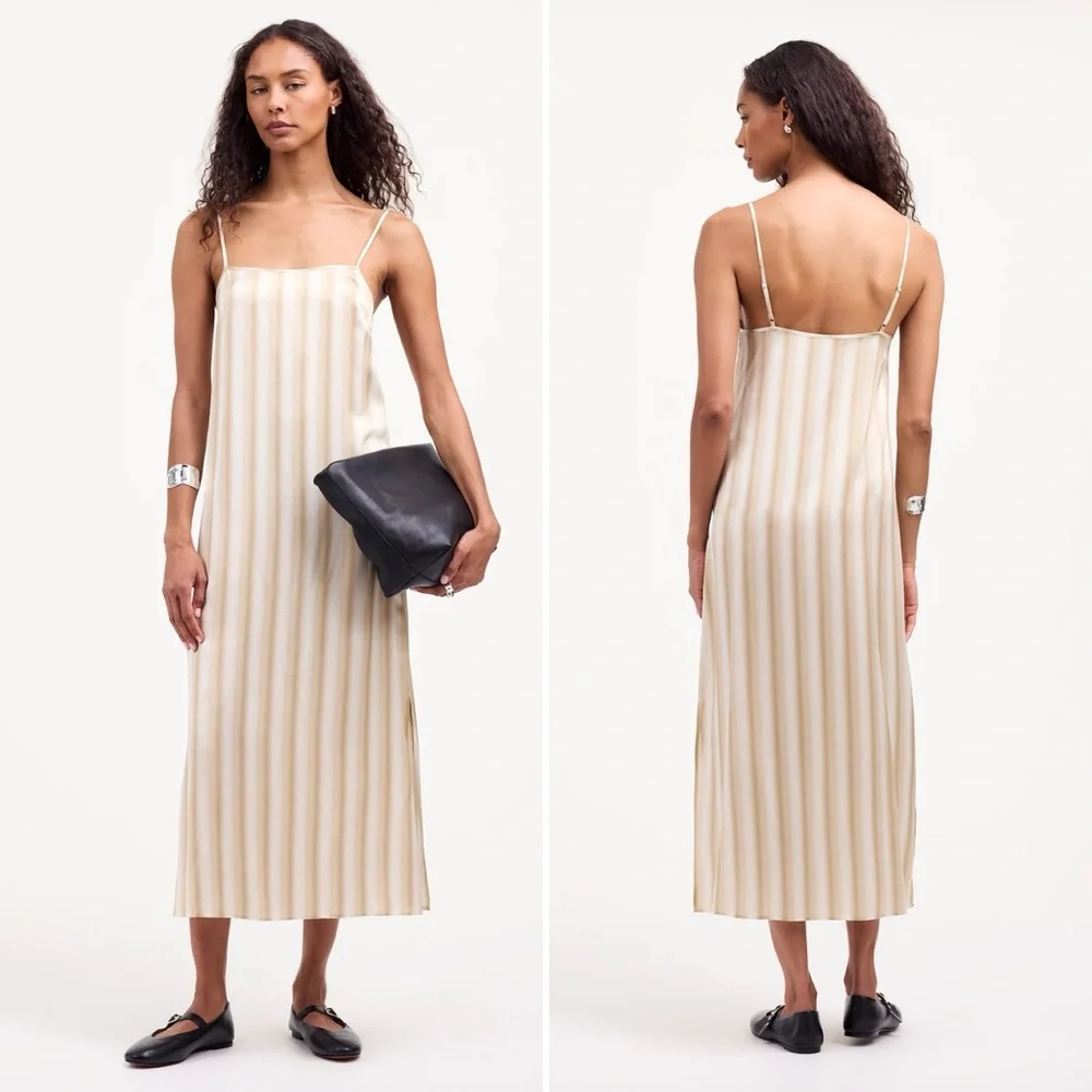 Madewell Silk Midi Slip Dress Faded Khaki Stripe Size 8