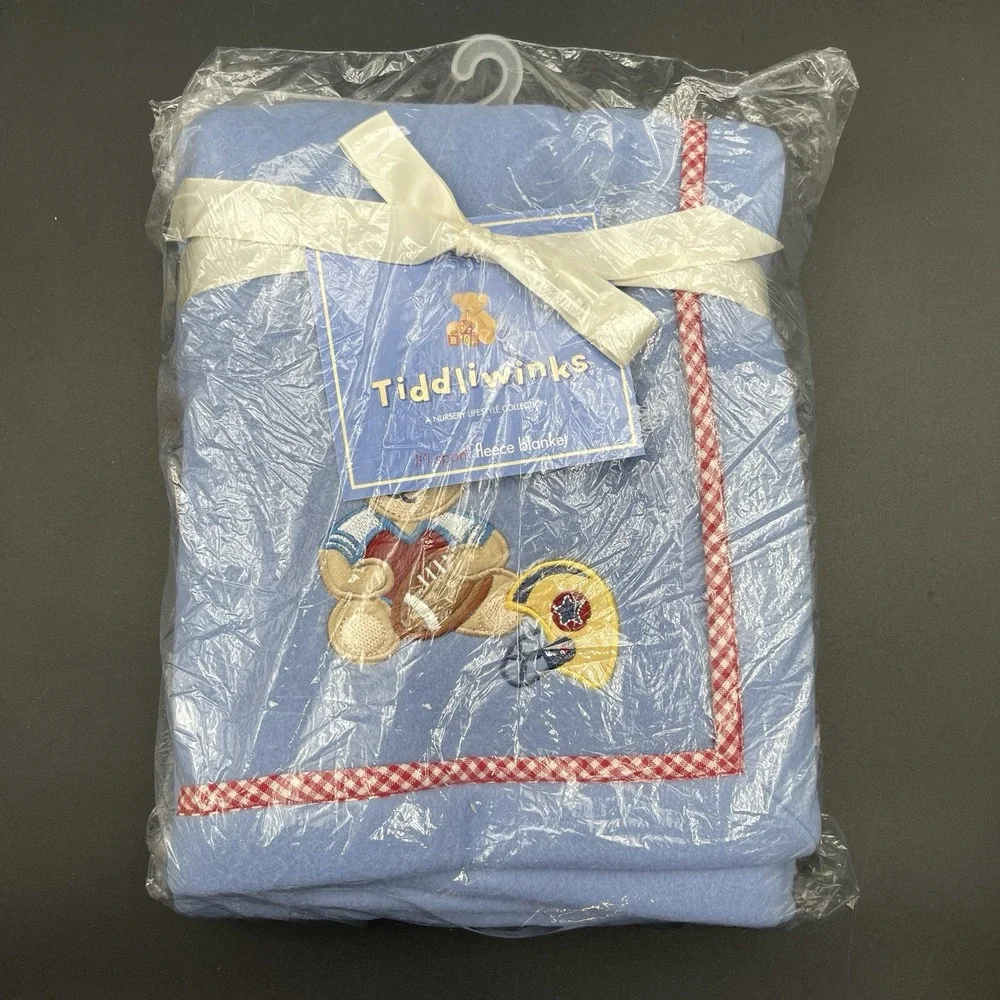 Tiddliwinks Baby Fleece Blanket Blue Teddy Bear Football Sports‎ 30x40 NIP