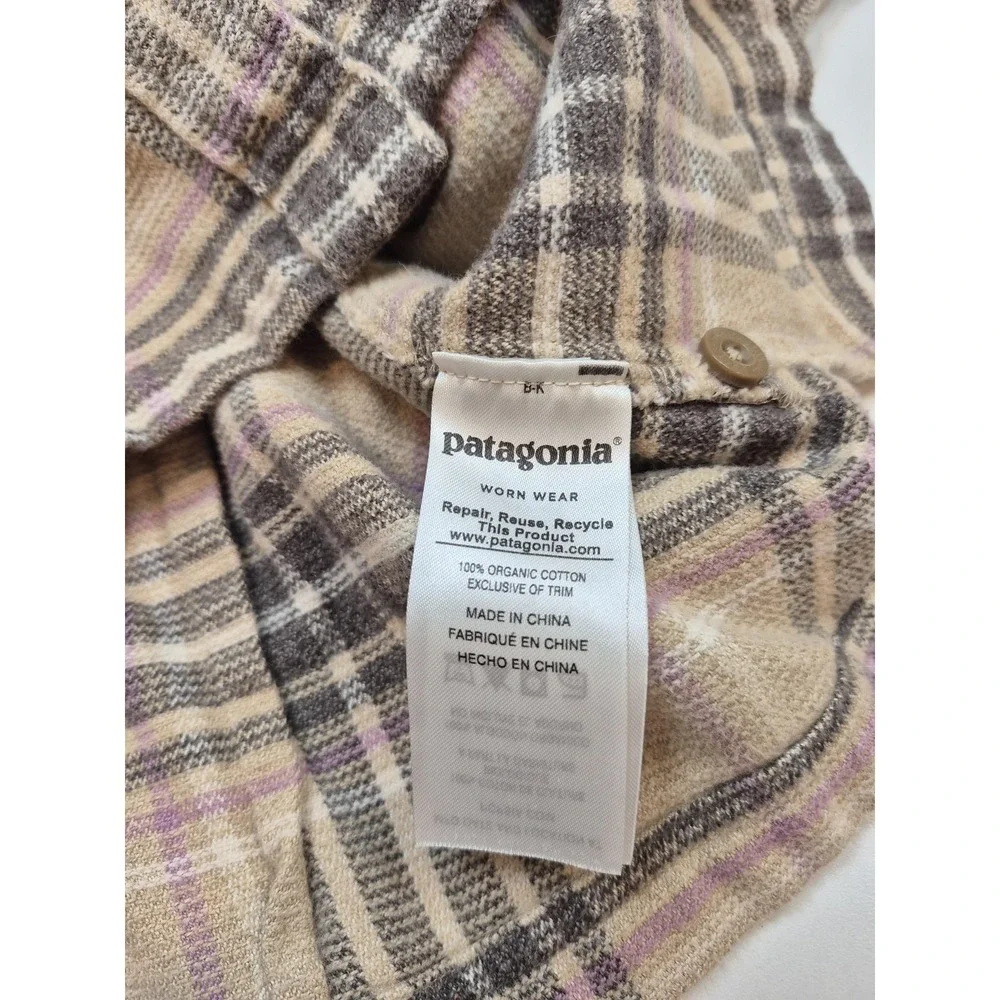 Patagonia Fjord Flannel Shirt Womens 14 Beige Organic Cotton Plaid Long Sleeve