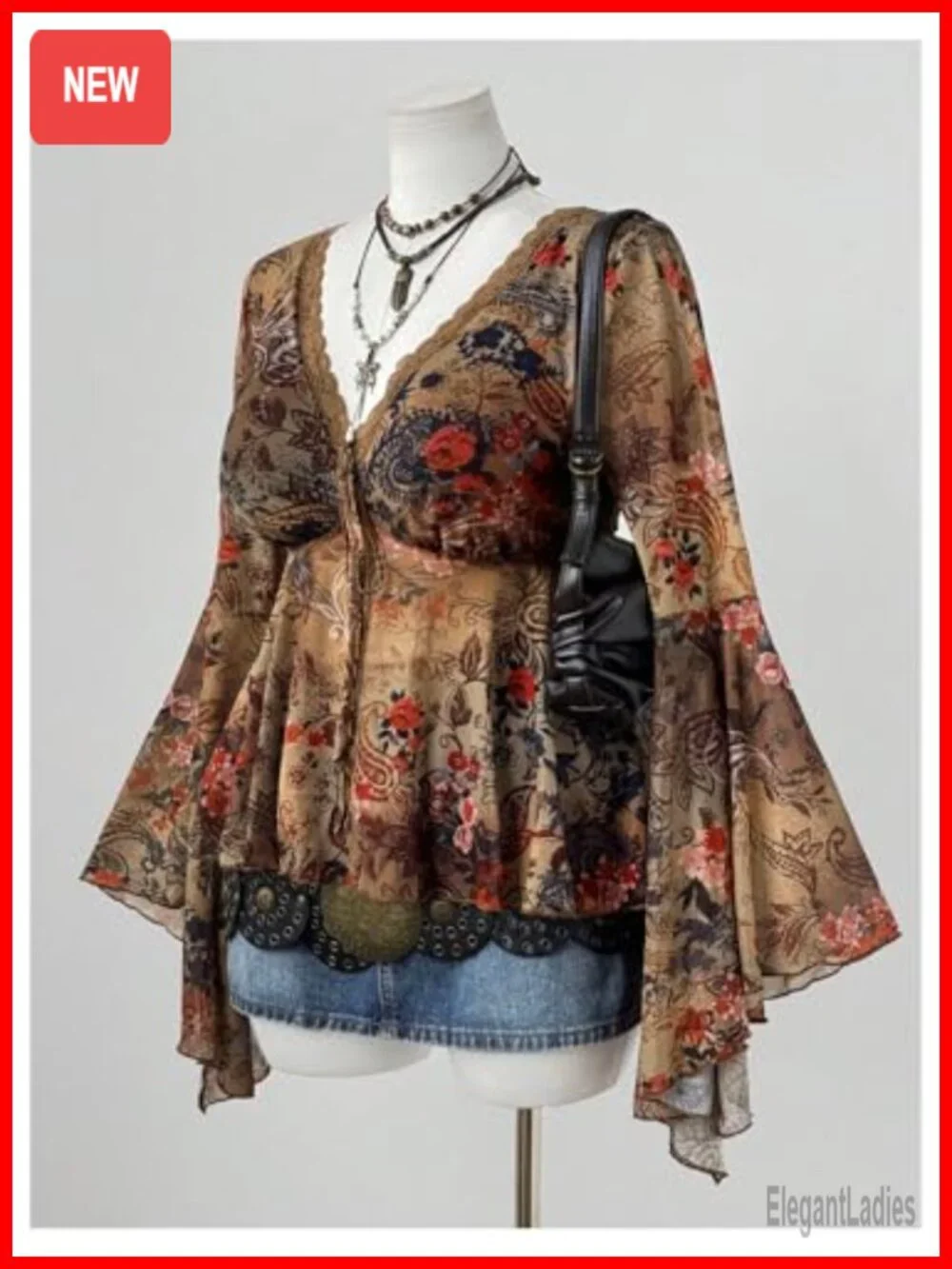 Plus Size Bell Sleeve Boho Lace Trim V Neck Long Sleeve Tee Top Flowy Y2k