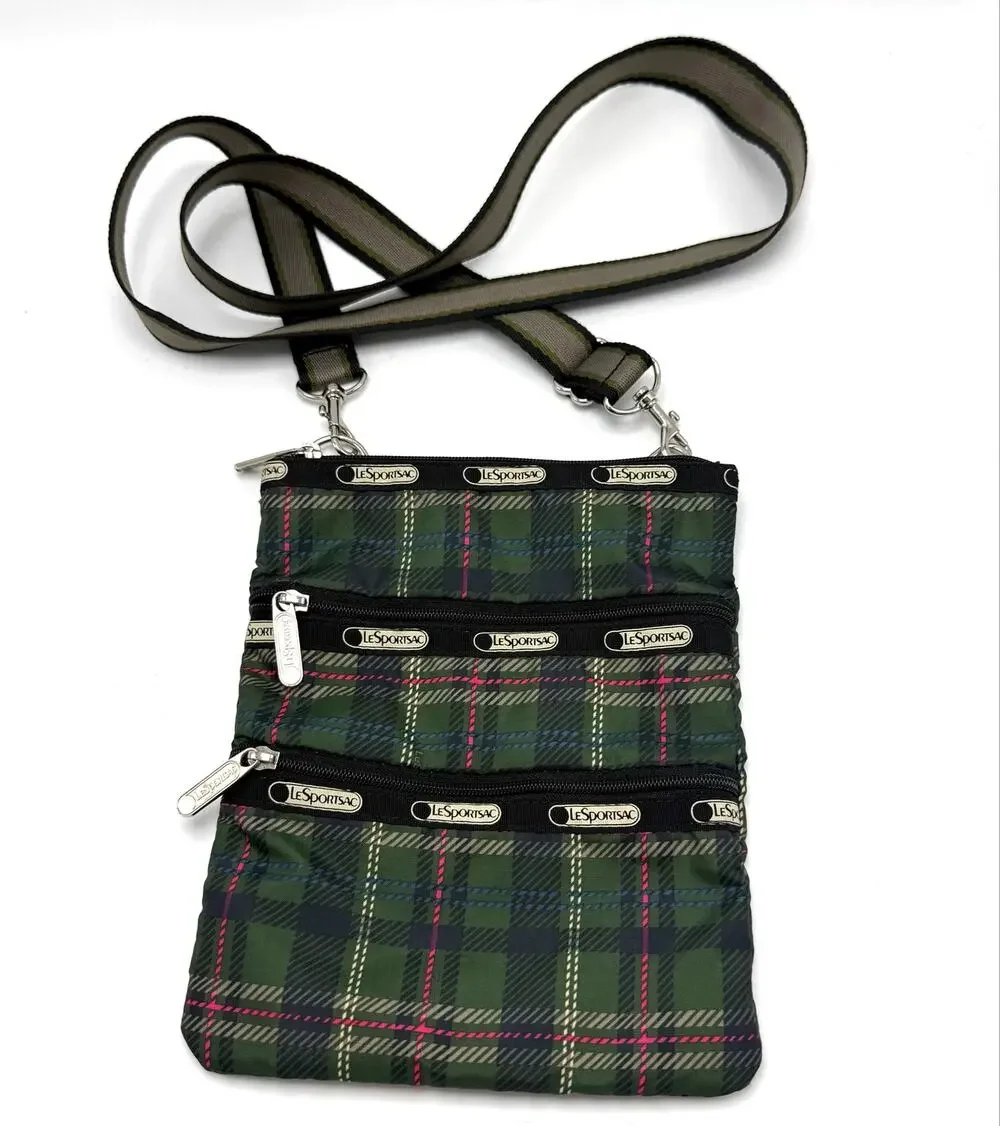 LeSportsac Green Plaid 3 Zip Crossbody Shoulder Bag Purse 7.5x9.5 Classic Casual